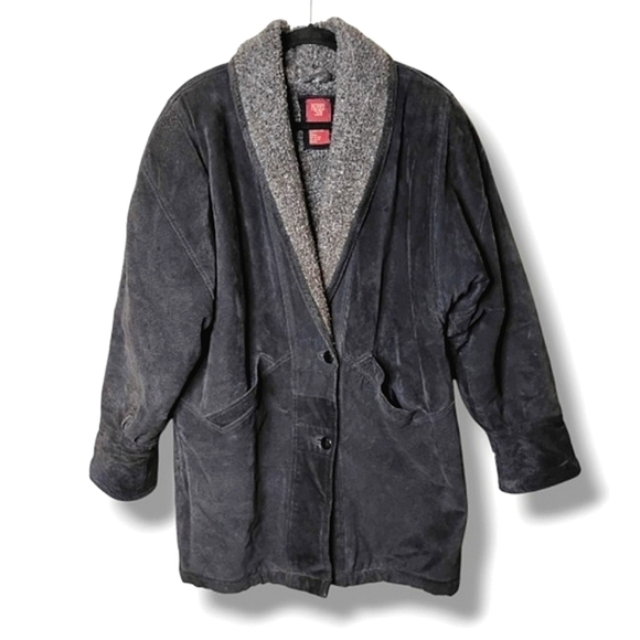 Vintage Northern Style Suede Shawl-Collar Fleece-Lined Coat L Charcoal Oversized - Picture 1 of 9